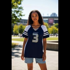NFL Seattle Seahawks #3 sequins Russell Wilson Jersey Top – Blue & White Lace-Up